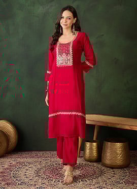 Red Silk Embroidered Sequins Kurta Straight Pant Set
