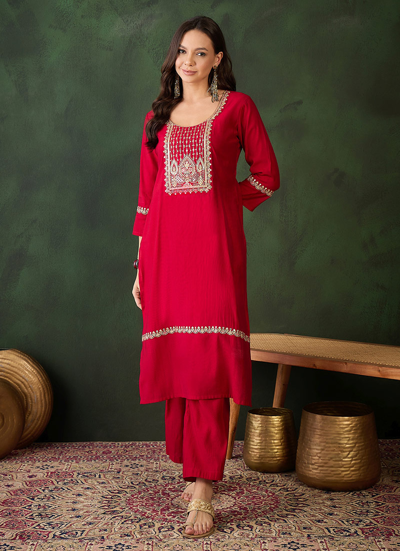 Red Silk Embroidered Sequins Kurta Straight Pant Set After Six Wear