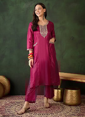 Red Silk Embroidered Sequins Kurta Straight Pant Set