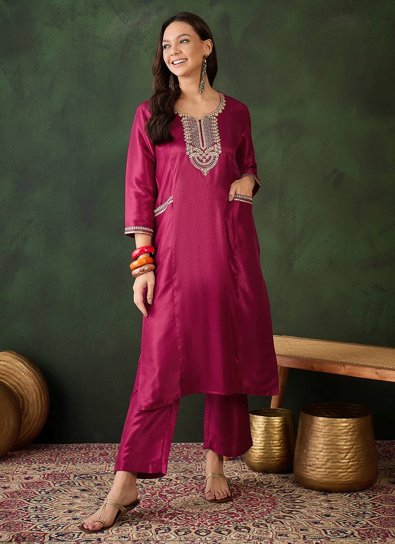 Red Silk Embroidered Sequins Kurta Straight Pant Set After Six Wear
