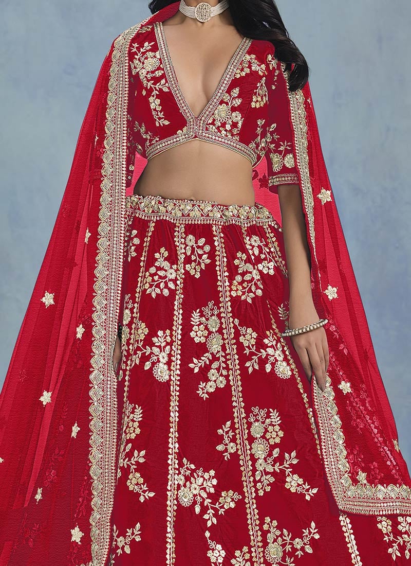 Red Sequin and Resham Embellished Bridal Lehenga Set in Silk