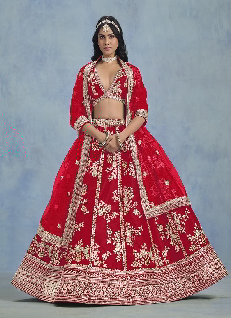 Red Silk Embroidered Sequins Lehenga