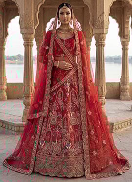 Red Silk Embroidered Sequins Stone With Zari Work Lehenga