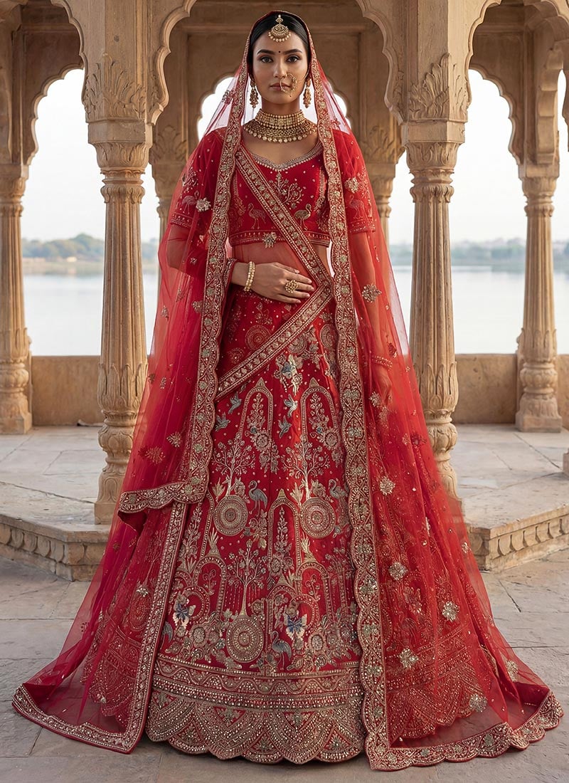 Red Silk Embroidered Sequins Stone With Zari Work Lehenga Wedding Wear