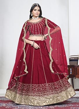 Red Silk Embroidered Sequins Umbrella Lehenga