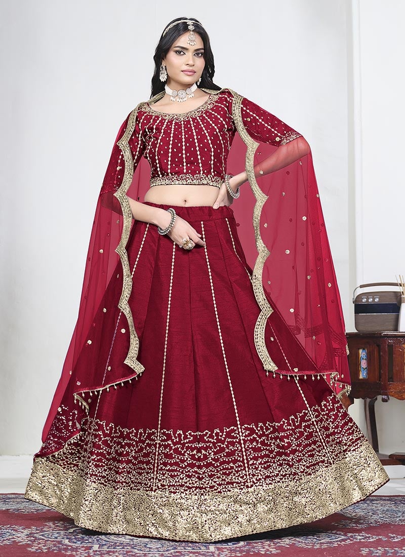 Red Silk Embroidered Sequins Umbrella Lehenga Festive Wear