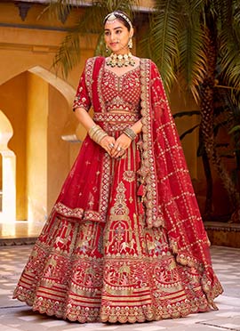 Red Silk Embroidered Stones Sequins Zari Thread Umbrella Lehenga