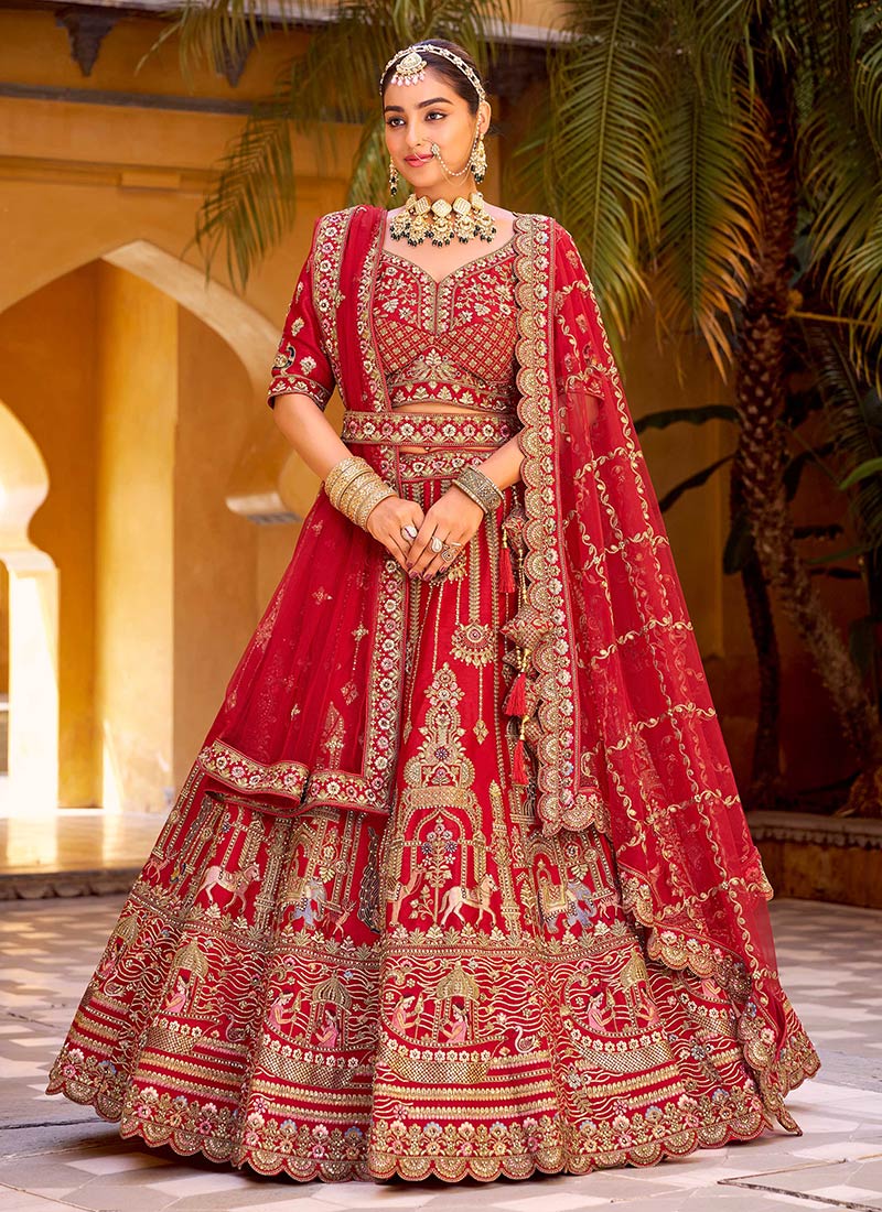 Red Silk Embroidered Stones Sequins Zari Thread Umbrella Lehenga Wedding Wear