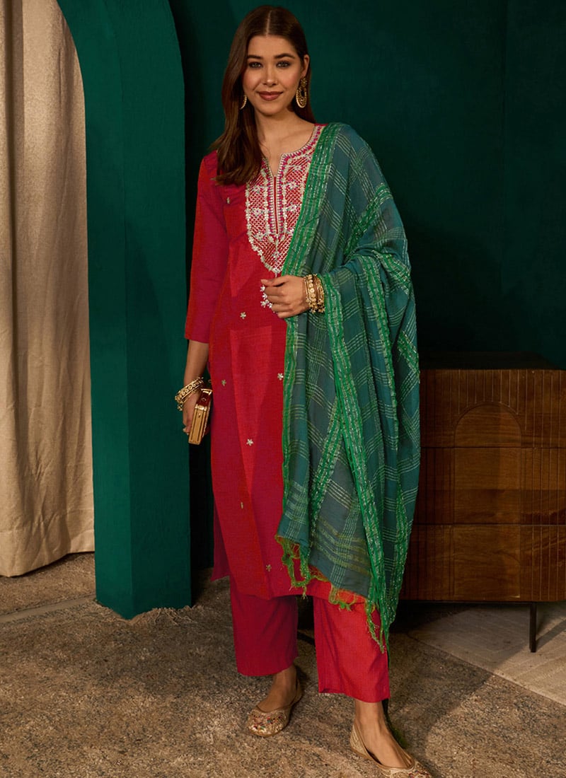 Red Silk Embroidered Straight Pant Suit Festive Wear