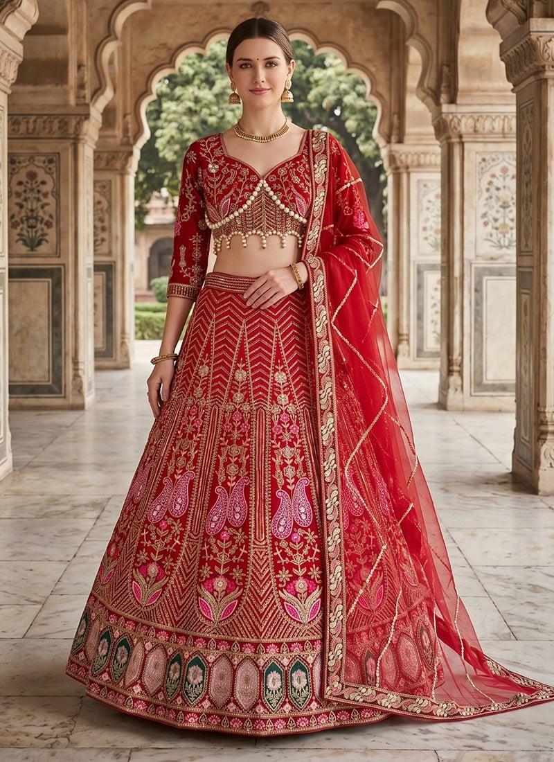 Red Silk Embroidery Sequins Lehenga Wedding Wear