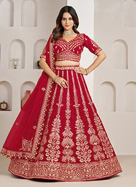 Red Silk Floral Zari Embroidered Wedding Lehenga
