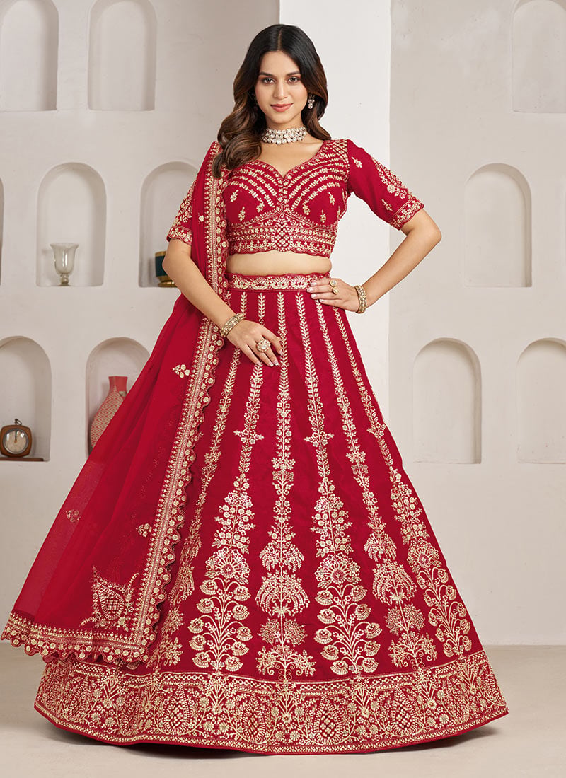 Red Silk Floral Zari Embroidered Wedding Lehenga Wedding Wear