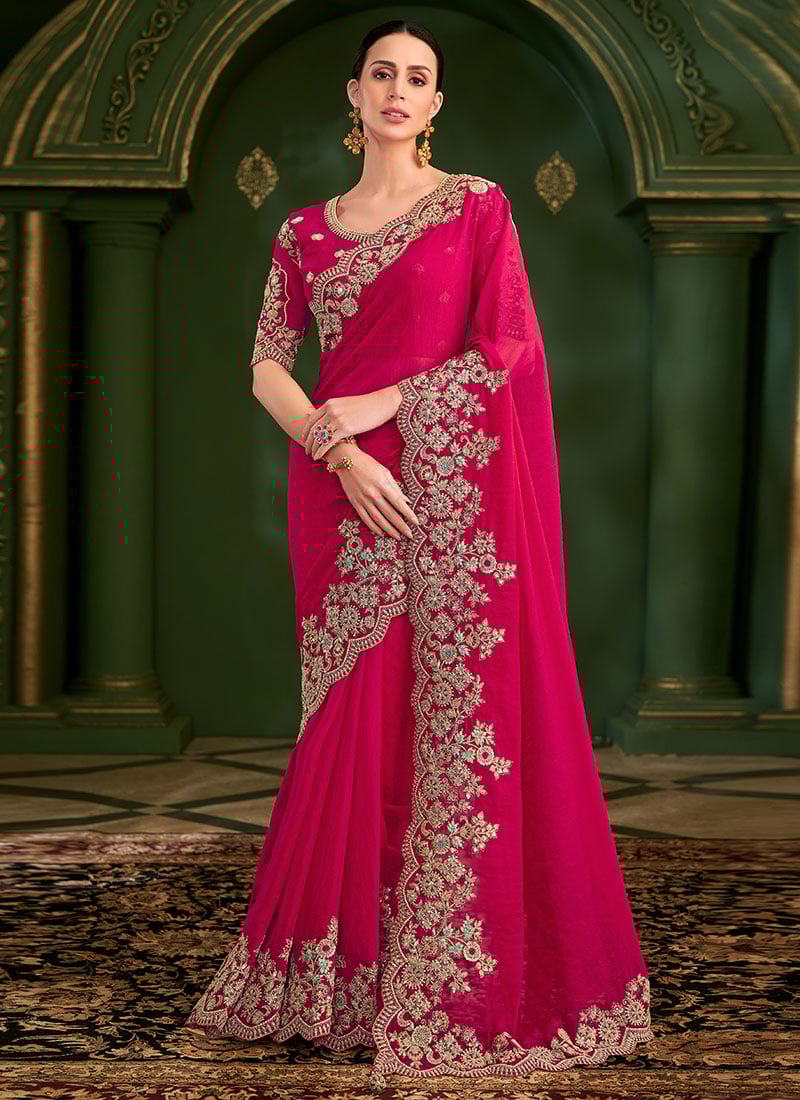 Red Silk Georgette Zari Embroidered Sequins Saree Wedding Wear