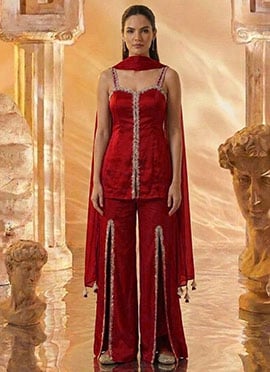 Red Silk Hand Embroidered Cutdana With Stone Work Palazzo Suit