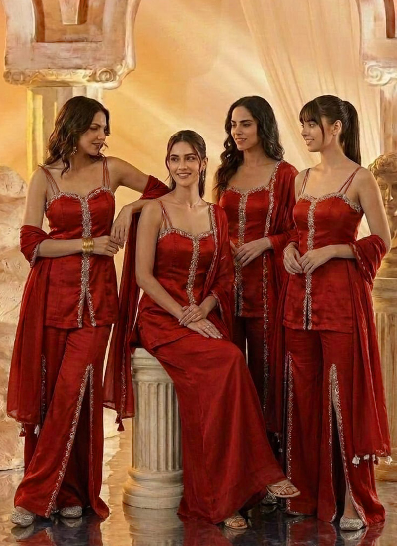 Red Silk Hand Embroidered Cutdana With Stone Work Palazzo Suit After Six Wear
