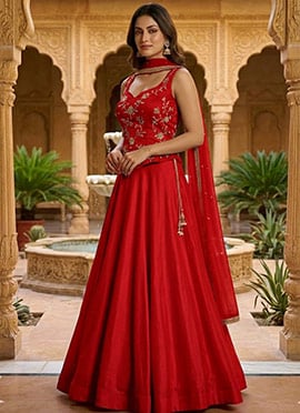 Red Silk Hand Embroidered Sequins Lehenga