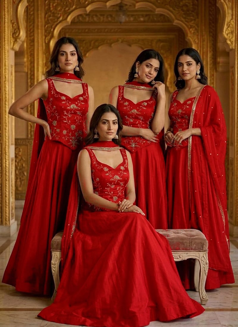 Red Silk Hand Embroidered Sequins Lehenga Wedding Wear