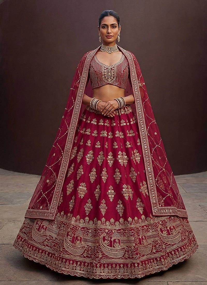 Red Silk Hand Embroidered Zari Embroidery Lehenga Wedding Wear