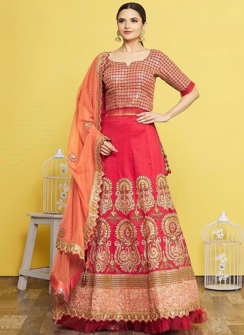 Red Silk Hand Work Zari Embroidered Sequins Classy Lehenga Wedding Wear-GHSACZ2795