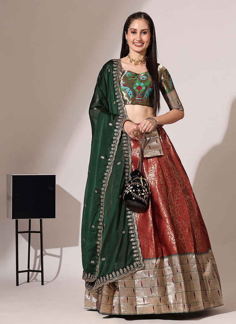 Red Silk Jacquard Embroidered Lehenga Festive Wear