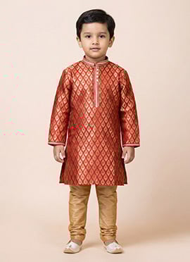Red Silk Jacquard Kids Kurta Pyjama