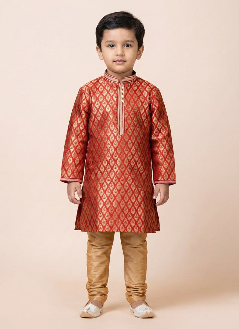 Red Silk Jacquard Kids Kurta Pyjama Festive Wear