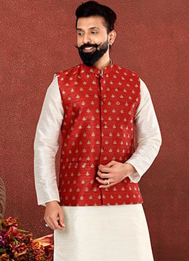 Red Silk Jacquard Nehru jacket
