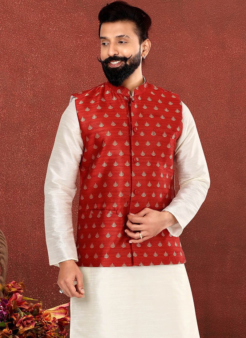 Red Silk Jacquard Nehru jacket