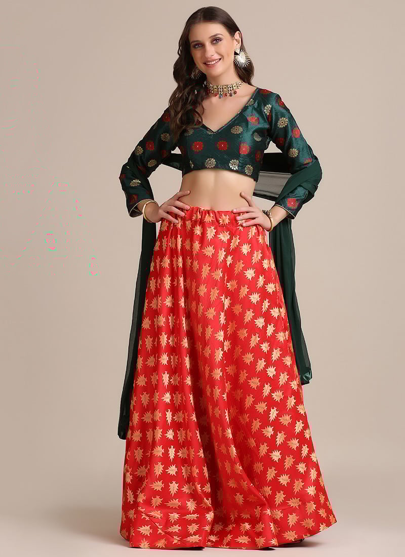 Red Silk Jacquard Print Chic A Line Lehenga For Elegant Indian Women Party Wear