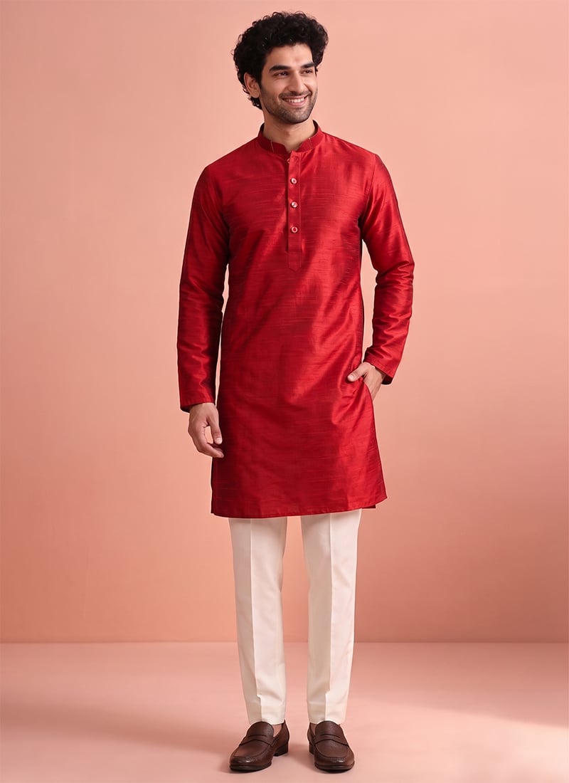 Red Silk Kurta Pyjama Festive Wear