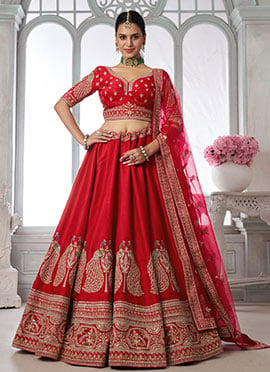 Red Silk Peacock Inspired Embroidered Lehenga