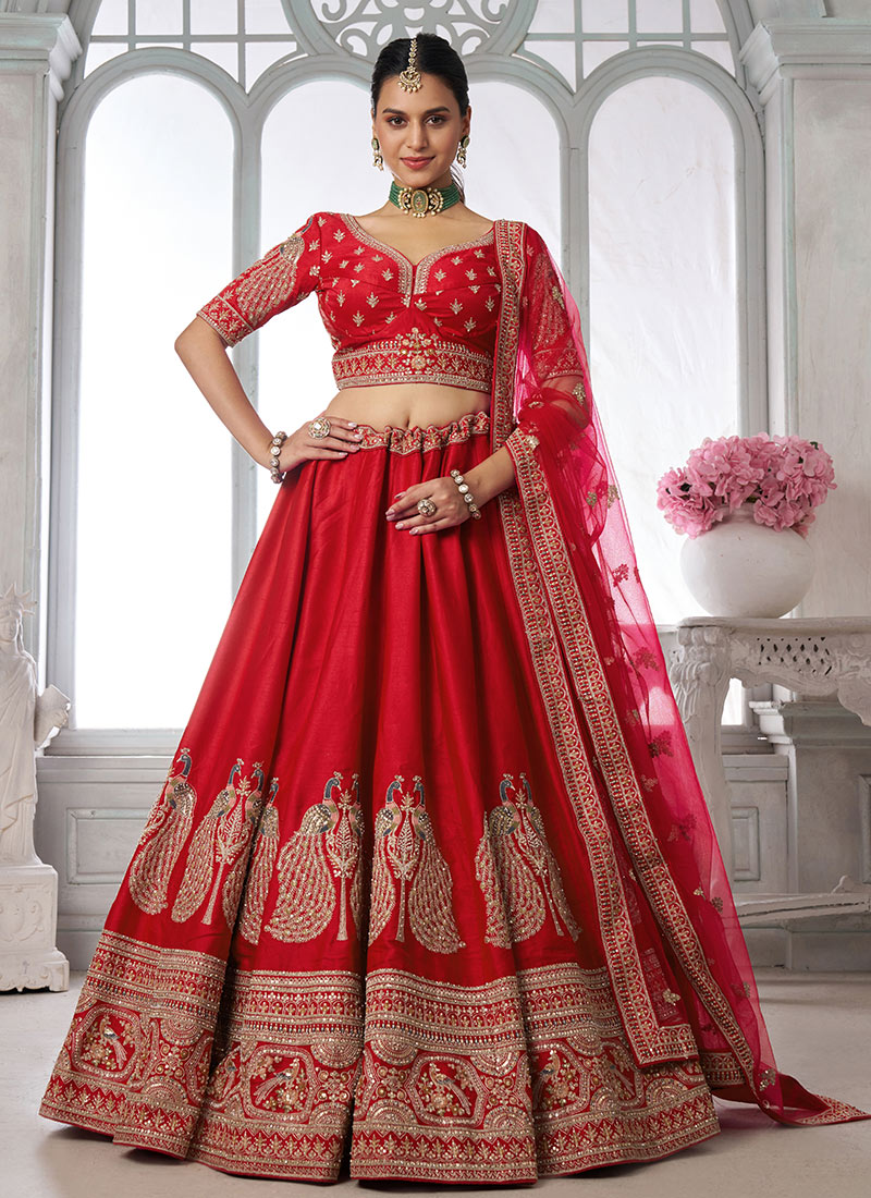 Red Silk Peacock Inspired Embroidered Lehenga Wedding Wear