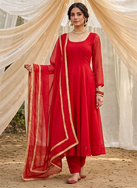 Red Silk Plain Flared Anarkali Suit