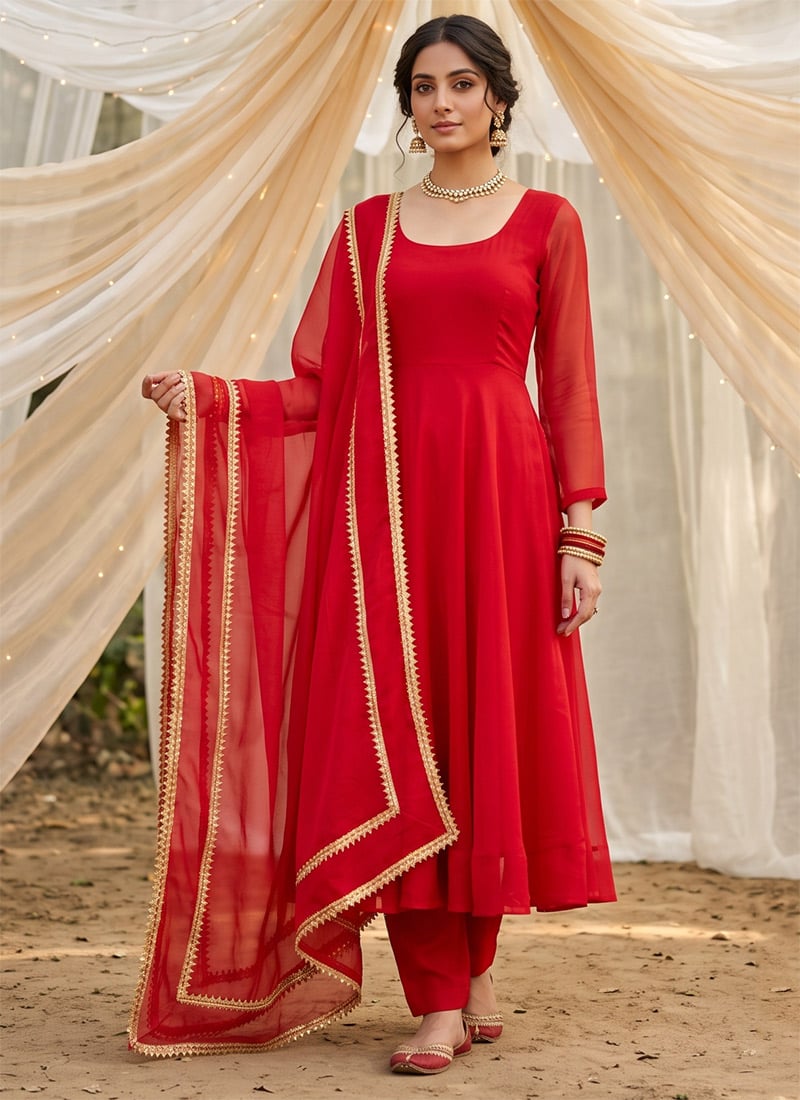 Red Silk Plain Flared Anarkali Suit Festive Wear