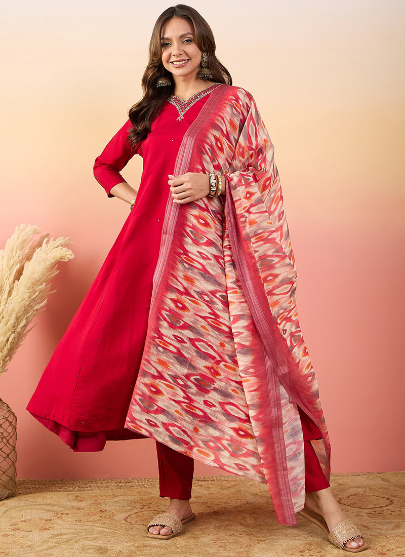 Red Silk Printed Embroidered Beads Work Straight Pant Suit
