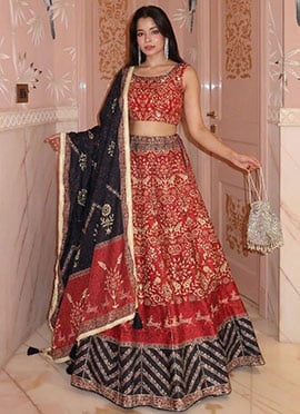 Red Silk Printed Gota Lehenga