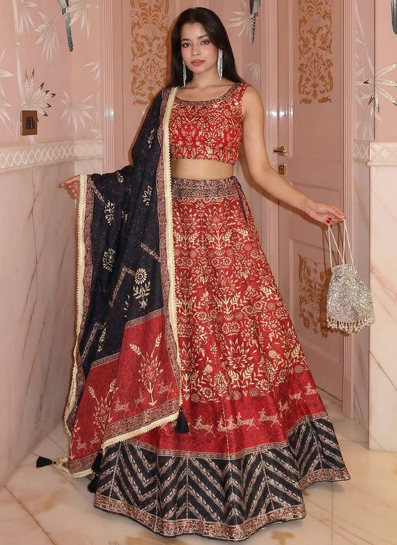 Red Silk Printed Gota Lehenga Festive Wear