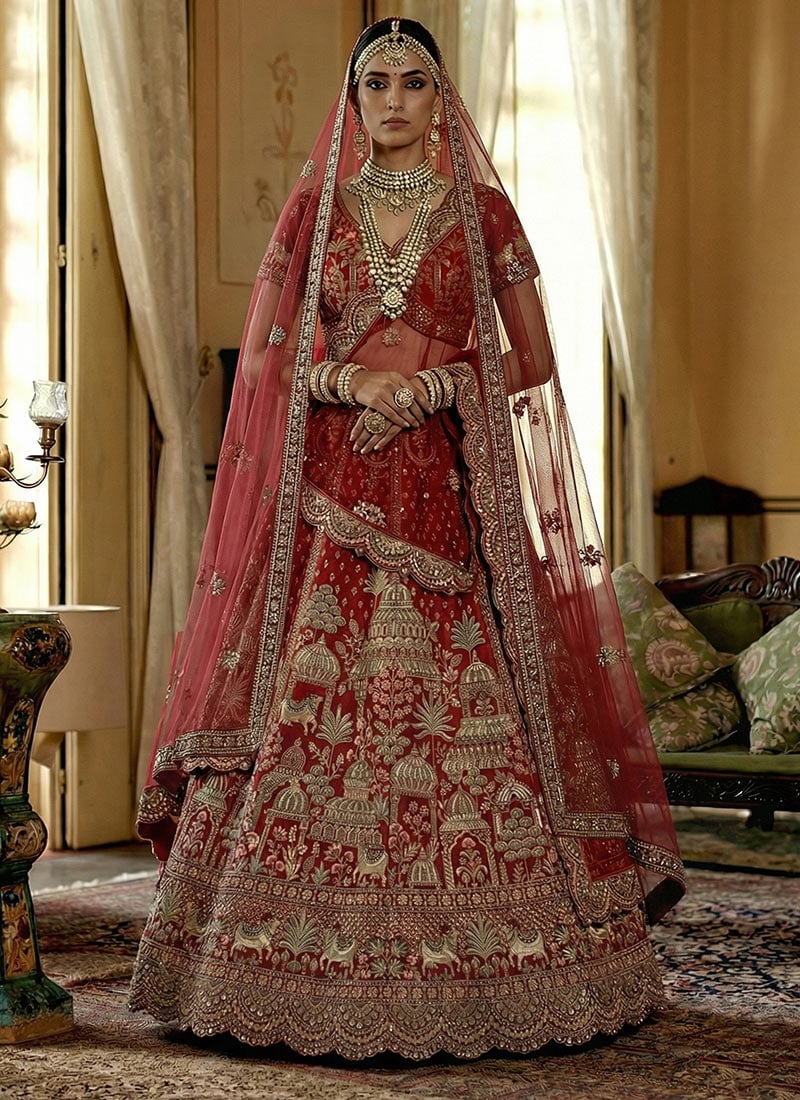 Red Silk Sequins Embroidered Stones Zari Thread Dori Umbrella Lehenga Wedding Wear
