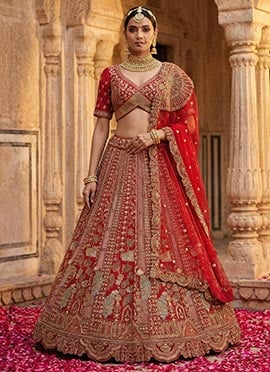 Red Silk Sequins Embroidered Stones Zari Thread Dori Umbrella Lehenga