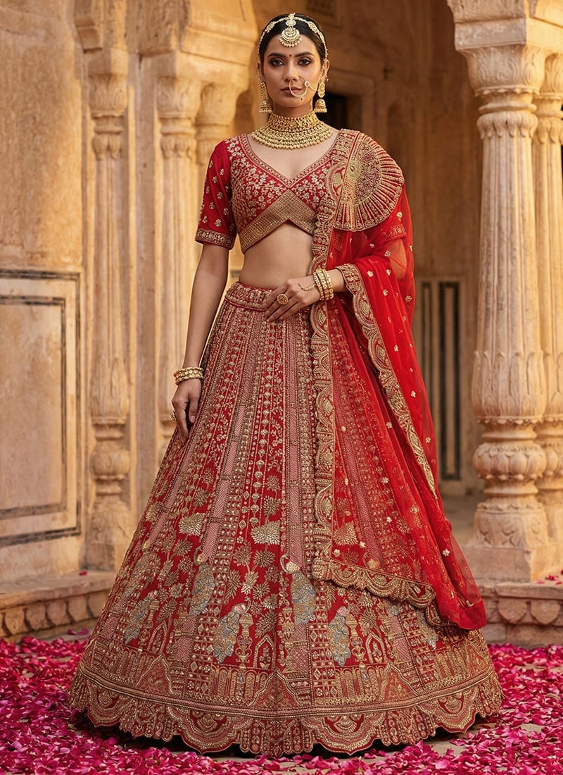 Red Silk Sequins Embroidered Stones Zari Thread Dori Umbrella Lehenga Wedding Wear