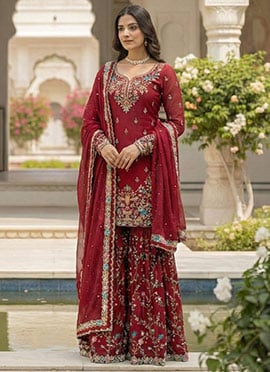 Red Silk Sequins Moti Thread Sharara Suit