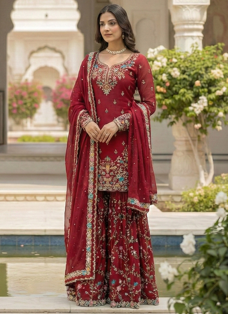 Red Silk Sequins Moti Thread Sharara Suit Festive Wear