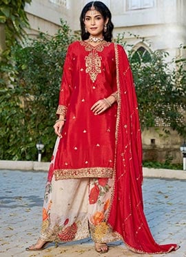 Red Silk Sequins Printed Sharara Suit