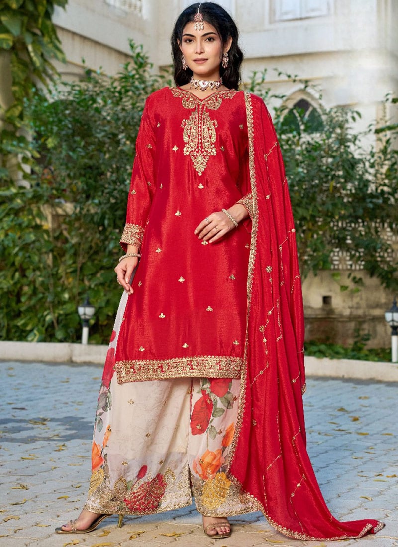 Red Silk Sequins Printed Sharara Suit Festive Wear
