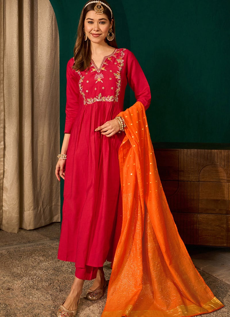 Red Silk Slub Embroidered Anarkali Suit Festive Wear