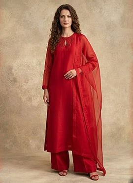 Red Silk Stone Work Palazzo Suit