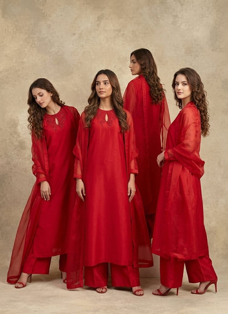 Red Silk Stone Work Palazzo Suit After Six Wear