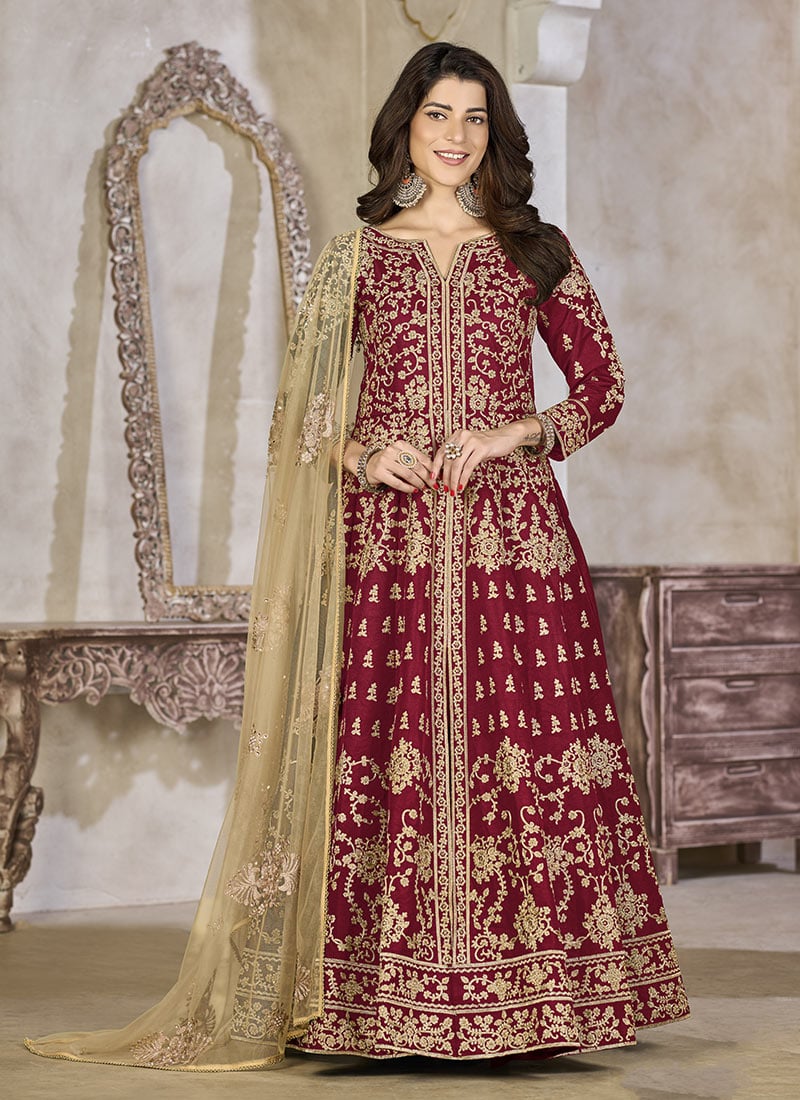 Red Silk Stones Beads Embroidered Anarkali Lehenga Festive Wear