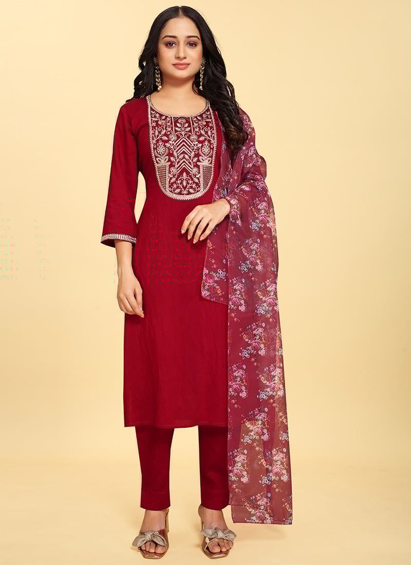 Red Silk Straight Cut Suit Embossed With Embroidery After Six Wear