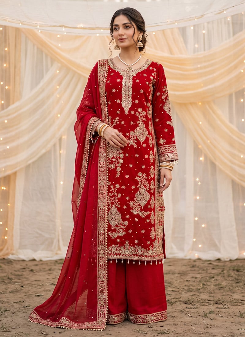 Red Silk Thread Embroidery Sequins Moti Palazzo Suit Festive Wear
